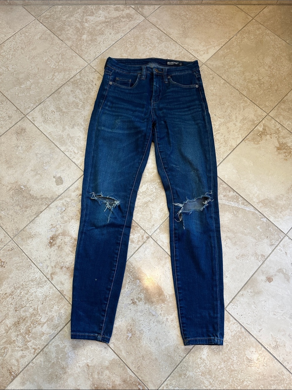 Blank NYC Women's Skinny Jeans - Dark Blue Distressed Knee Rips